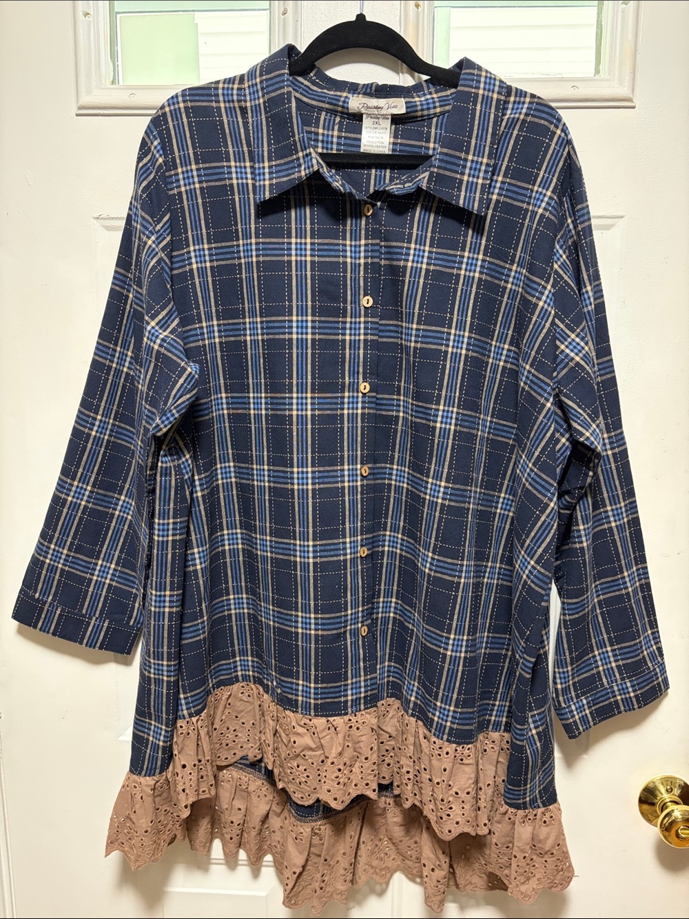 Women’s Blue Plaid Button-Down Shirt with Tan Eyelet Ruffle